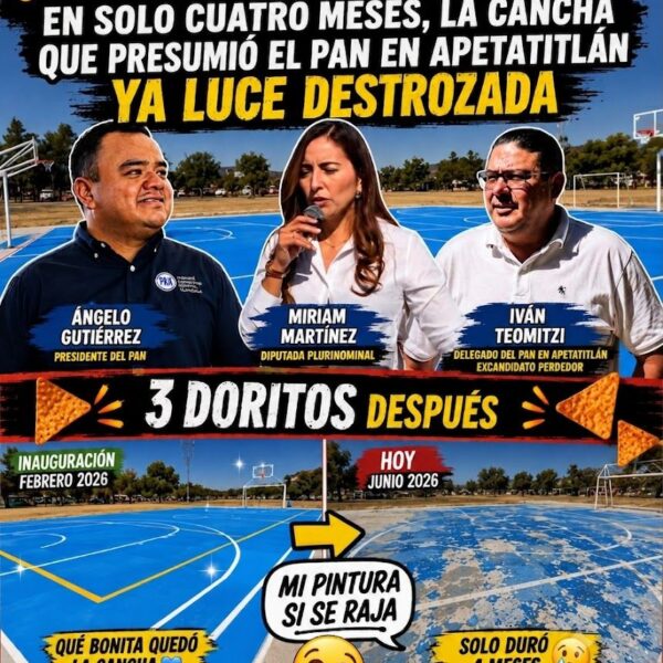 ¿Pintura de mala calidad? En solo cuatro meses, la cancha que presumió el PAN en Apetatitlán ya luce destrozada